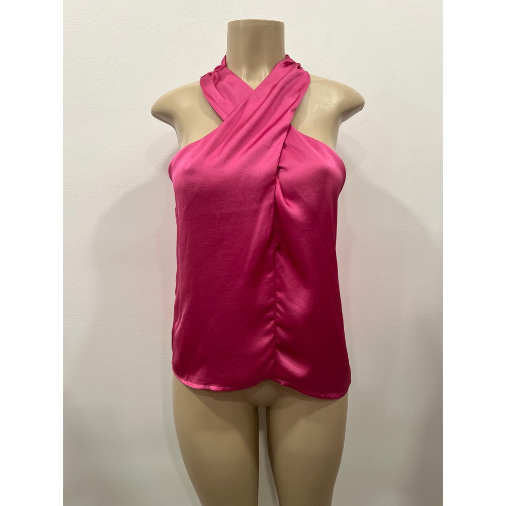 Sincerely Jules Halter Top Womens Medium Pink Satin Crisscross Blouse Satin